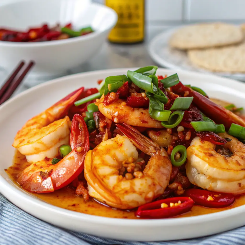 Chilli Garlic Prawns coated in glossy chilli-garlic sauce