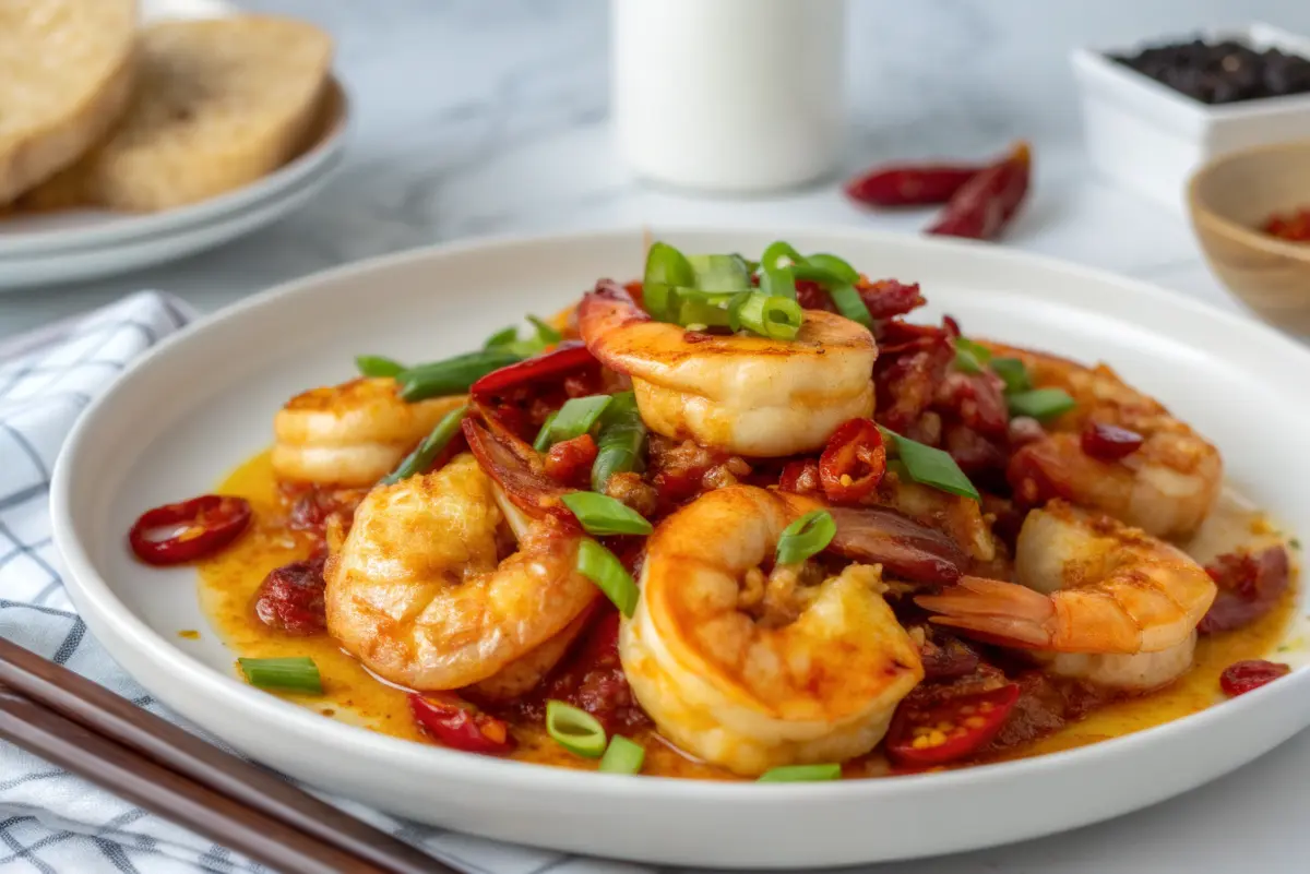 Chilli Garlic Prawns coated in glossy chilli-garlic sauce