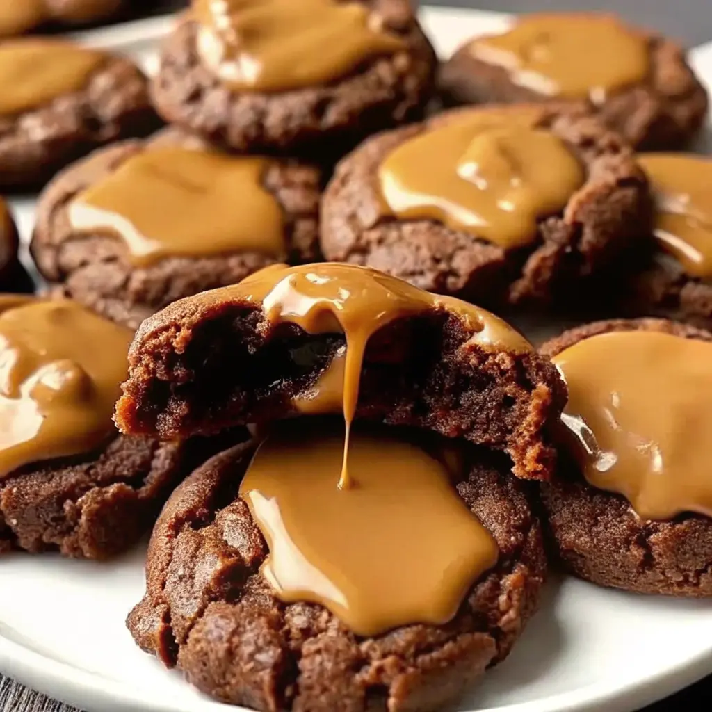 Close-up of Peanut Butter Filled Chocolate Cookies with crackled tops and a creamy peanut butter center