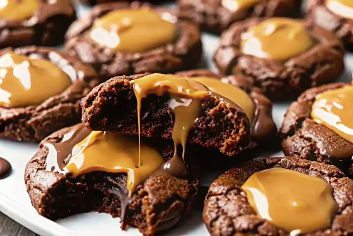 Close-up of Peanut Butter Filled Chocolate Cookies with crackled tops and a creamy peanut butter center