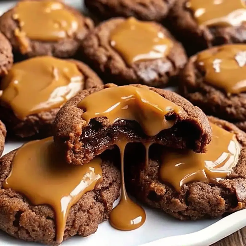 Close-up of Peanut Butter Filled Chocolate Cookies with crackled tops and a creamy peanut butter center