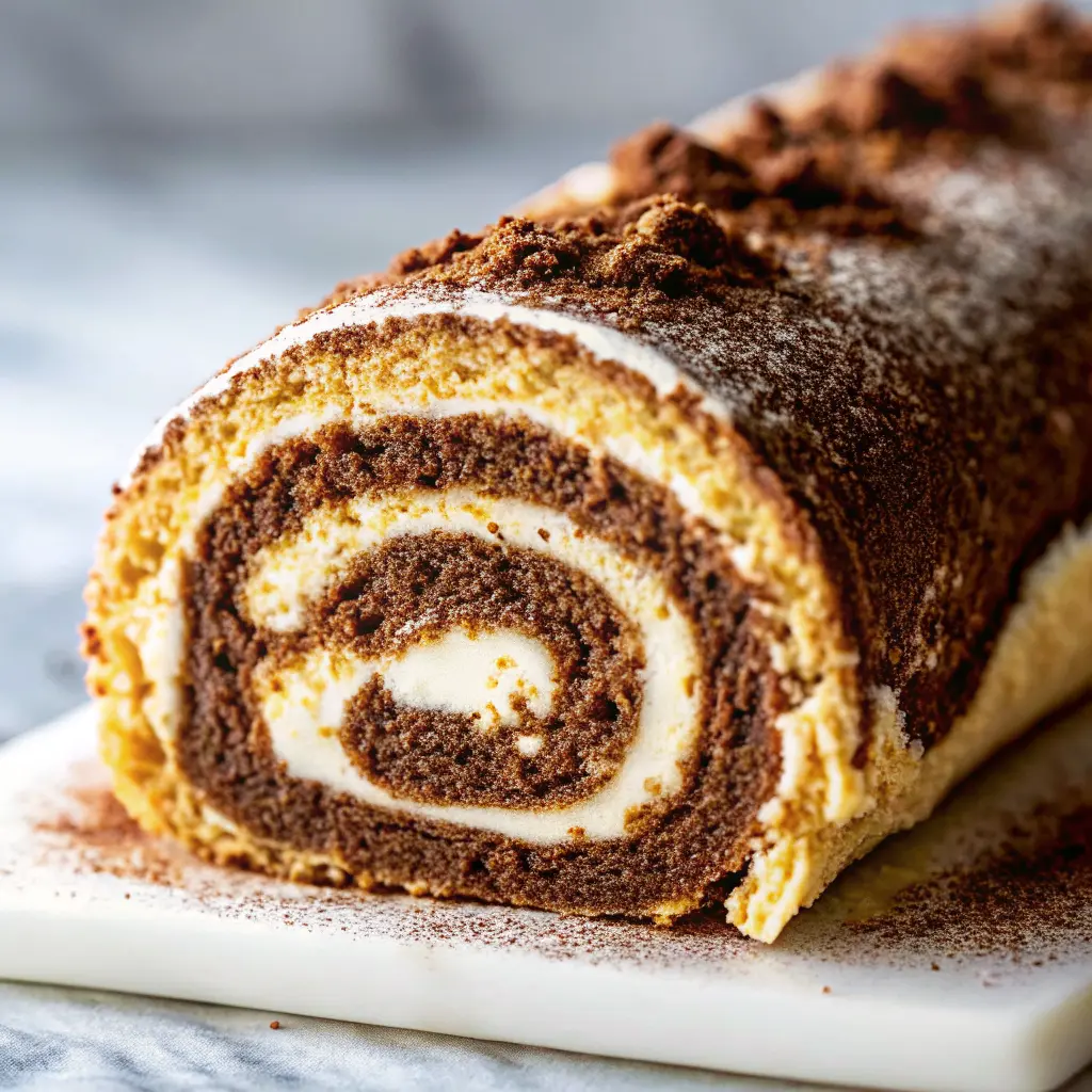 Coffee cream cake roll with tight spiral and cocoa dusting