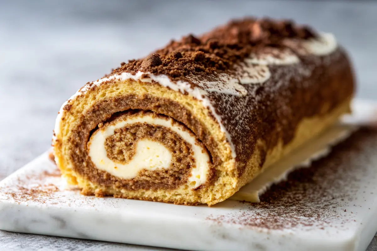 Coffee cream cake roll with tight spiral and cocoa dusting