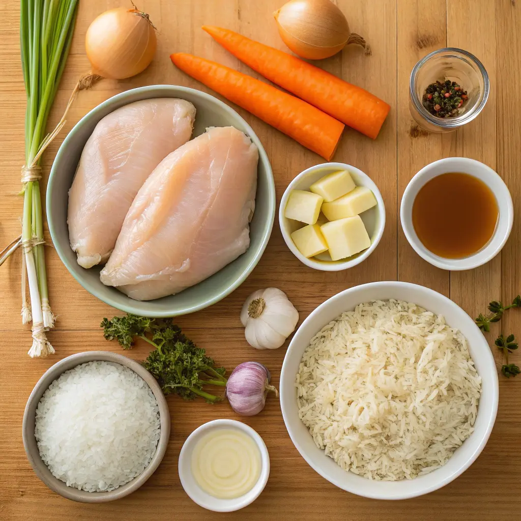 Cozy French onion chicken rice bake with golden onions in a skillet
