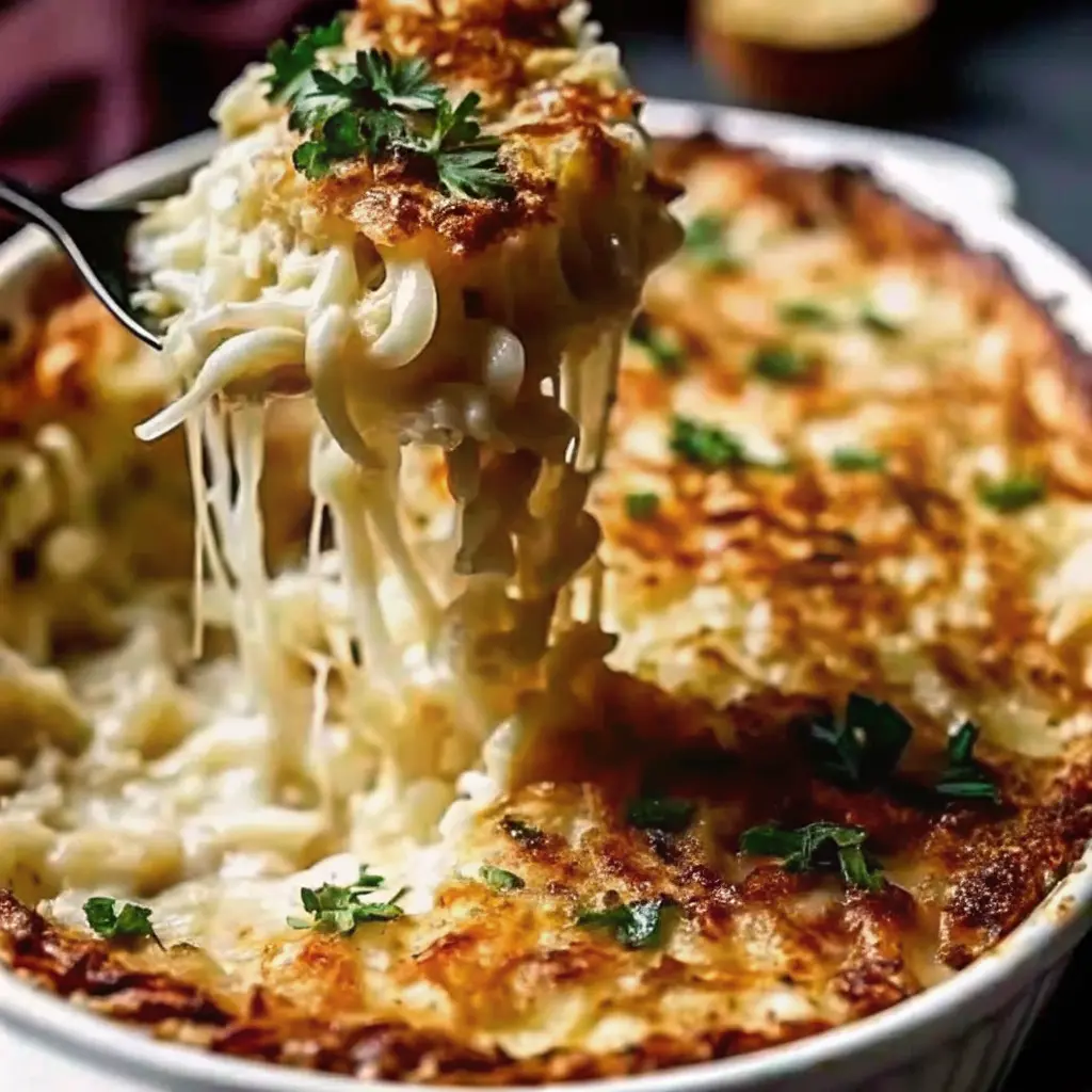 Cozy French onion chicken rice bake with golden onions in a skillet