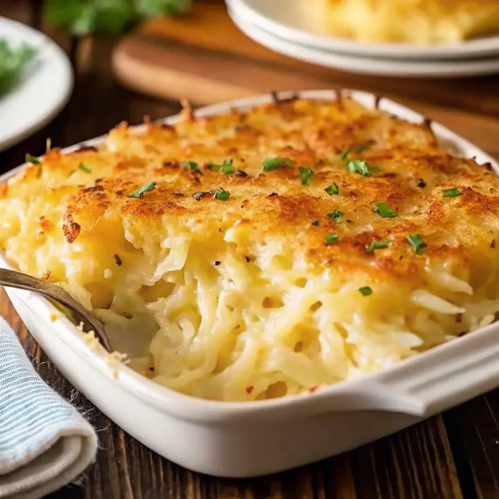 Cheesy Hashbrown Casserole with a golden crispy topping in a 9×13 pan