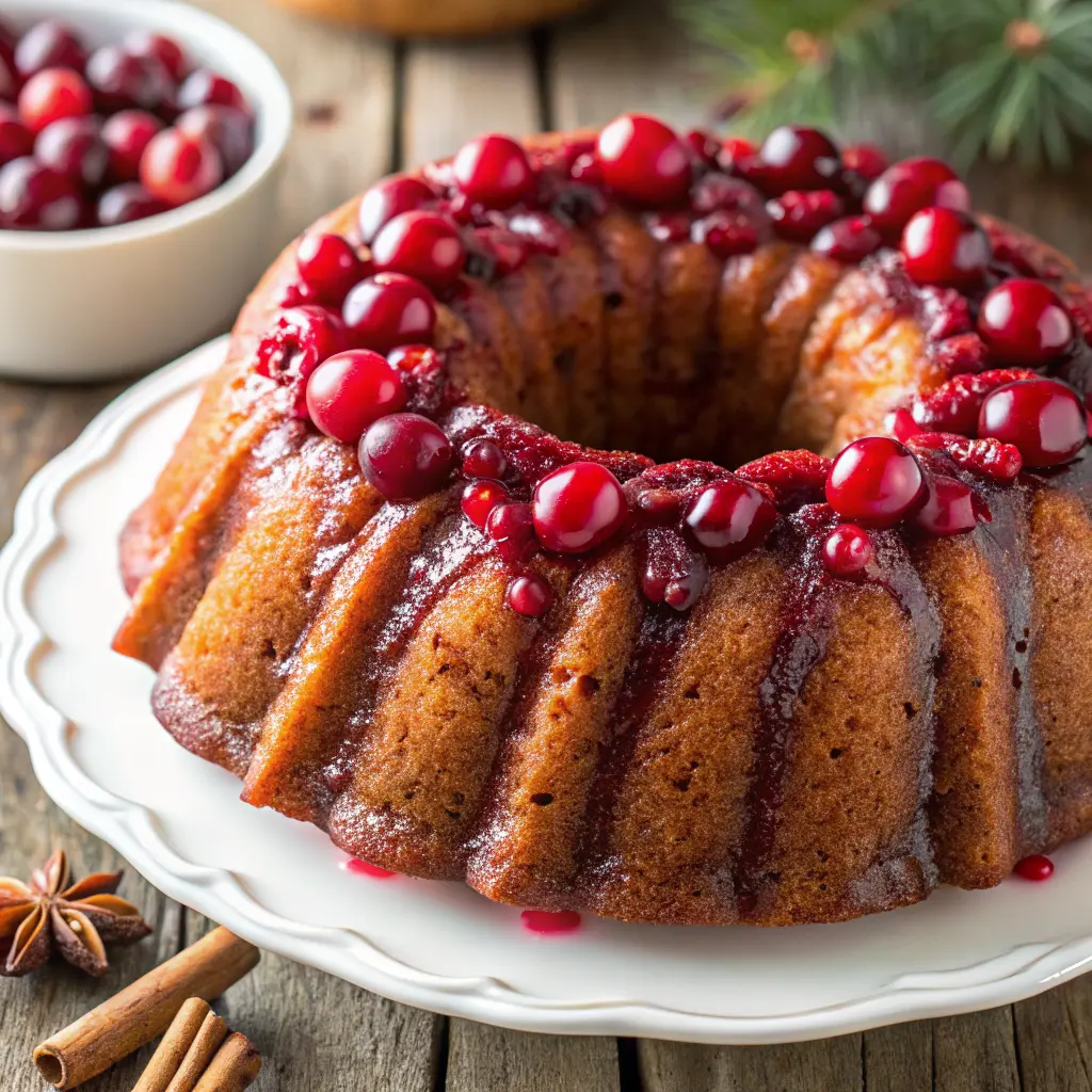Cranberry Upside-Down Bundt Cake Recipe with glossy brown-sugar cranberries