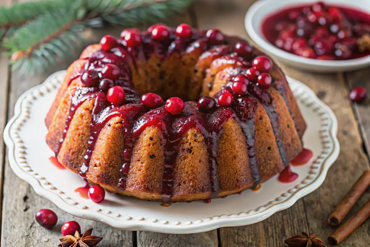 Cranberry Upside-Down Bundt Cake Recipe with glossy brown-sugar cranberries