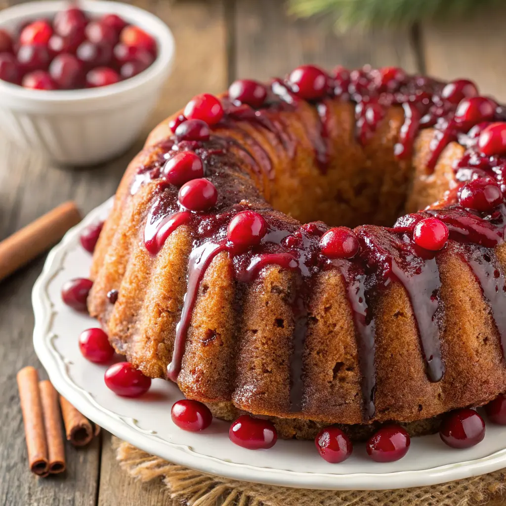 Cranberry Upside-Down Bundt Cake Recipe with glossy brown-sugar cranberries