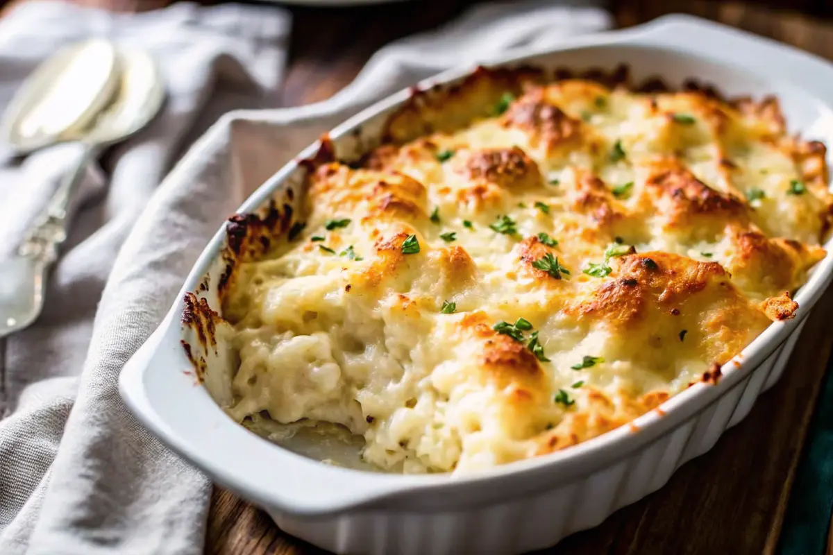 Creamy Cauliflower Gratin with golden breadcrumb topping in a white gratin dish