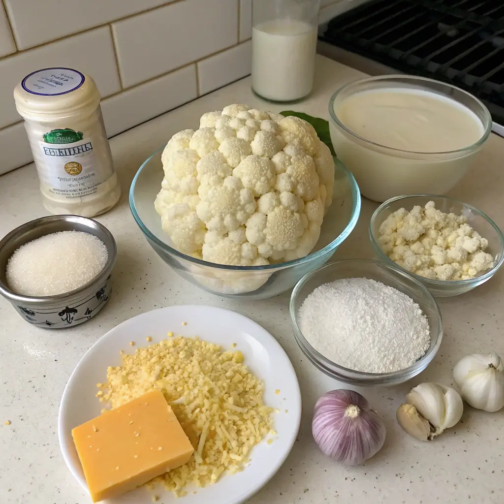Creamy Cauliflower Gratin with golden breadcrumb topping in a white gratin dish