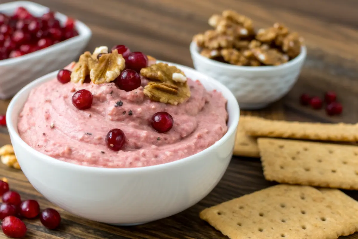 Creamy Cranberry Walnut Dip with toasted walnuts, cranberries, and orange zest on a cracker board