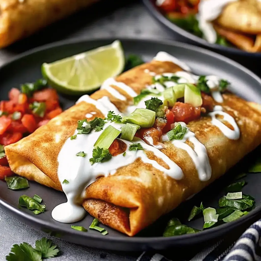 Crispy Chicken Chimichangas stacked on a plate with pico, guacamole, and lime