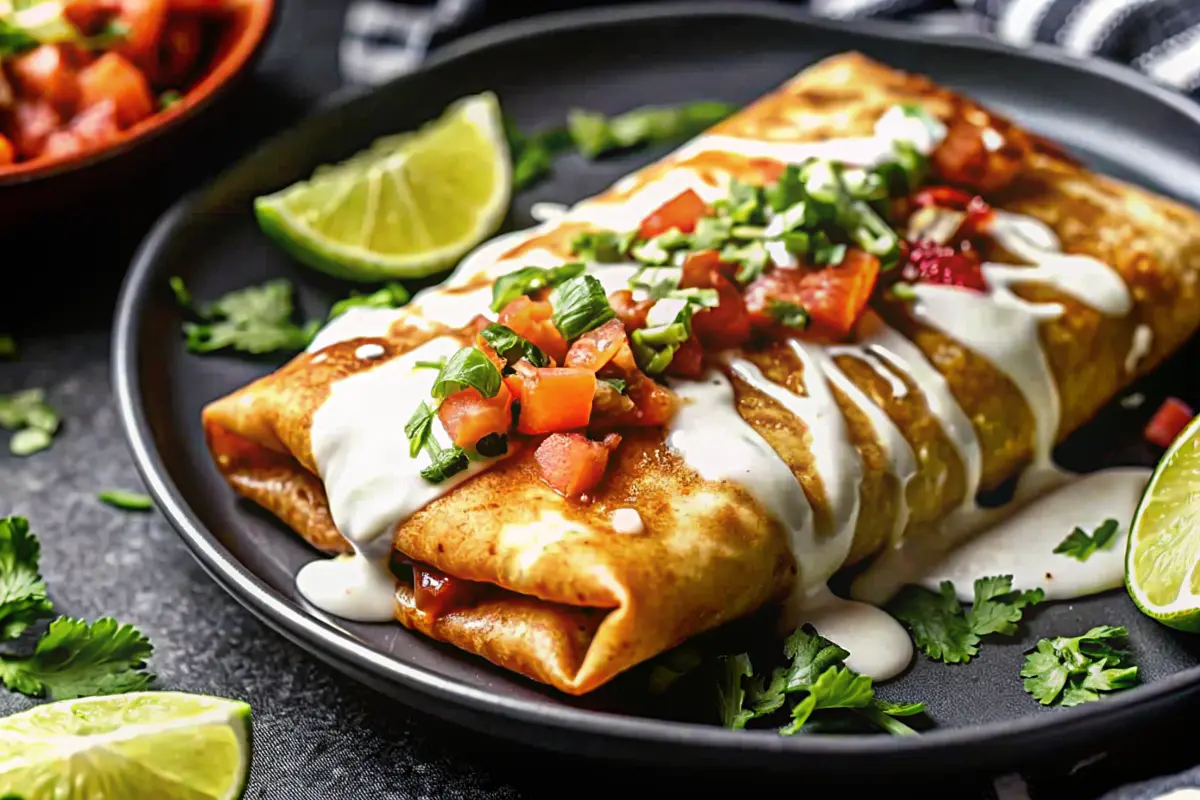 Crispy Chicken Chimichangas stacked on a plate with pico, guacamole, and lime