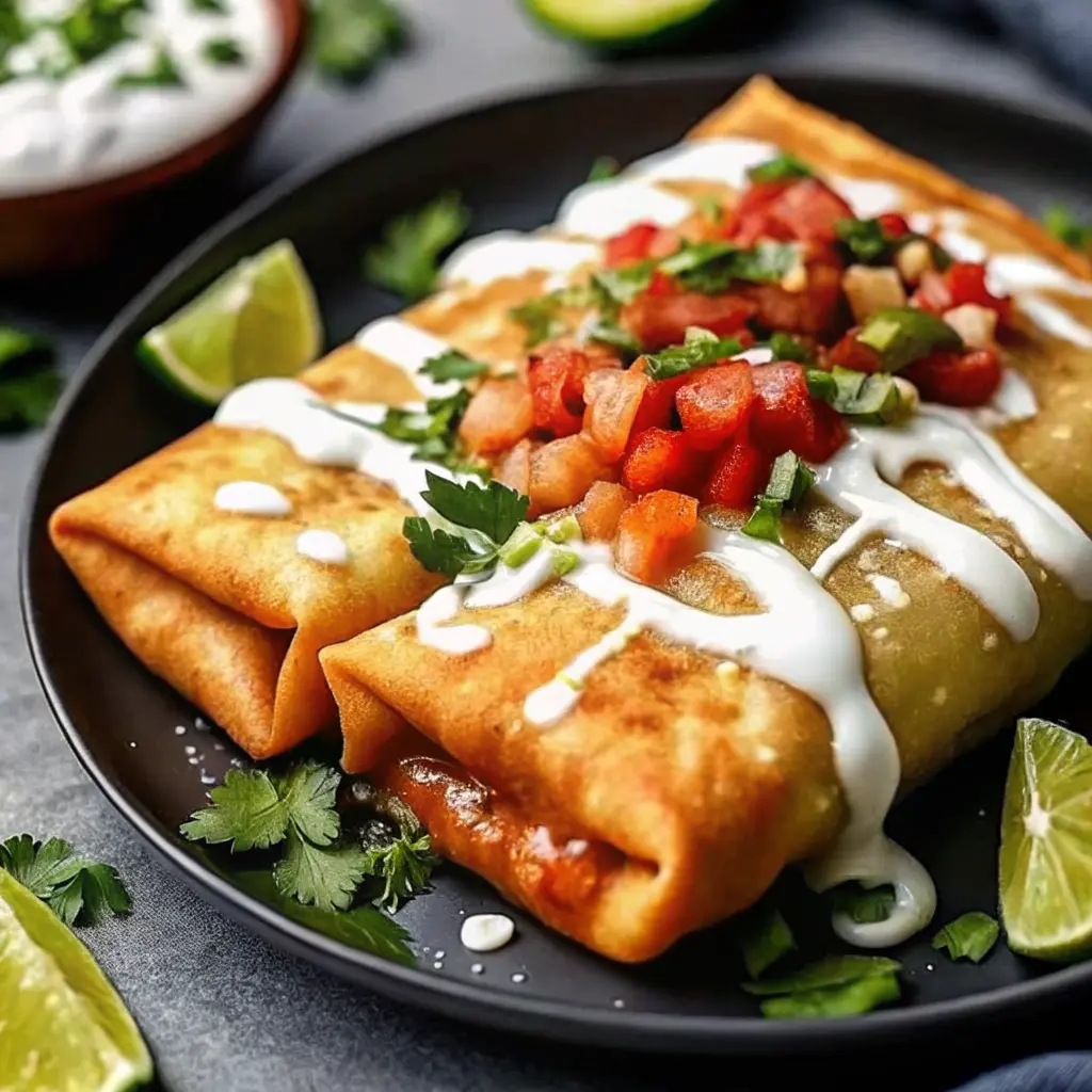 Crispy Chicken Chimichangas stacked on a plate with pico, guacamole, and lime