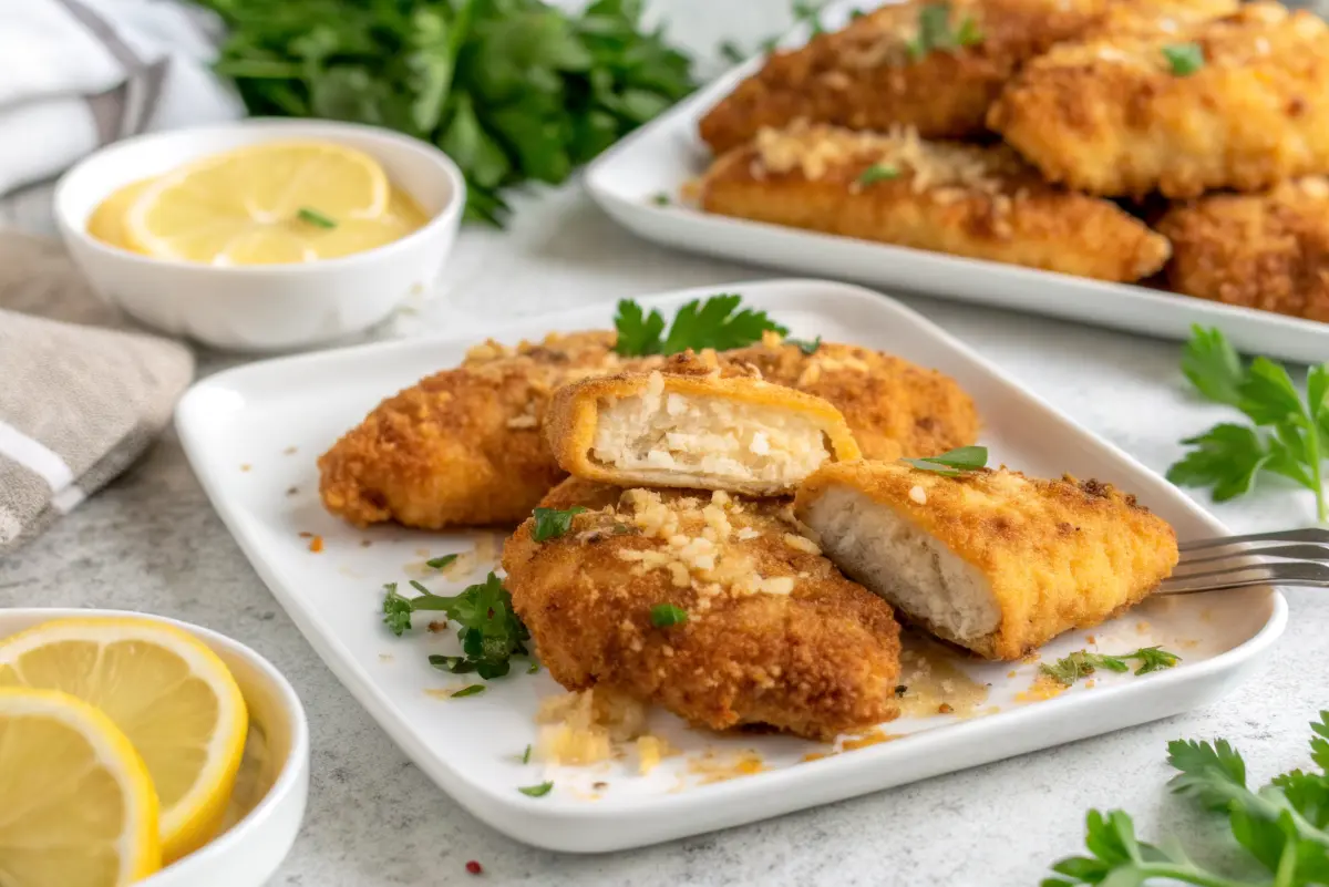 Crispy Parmesan Chicken Cutlets on a wire rack with lemon wedges