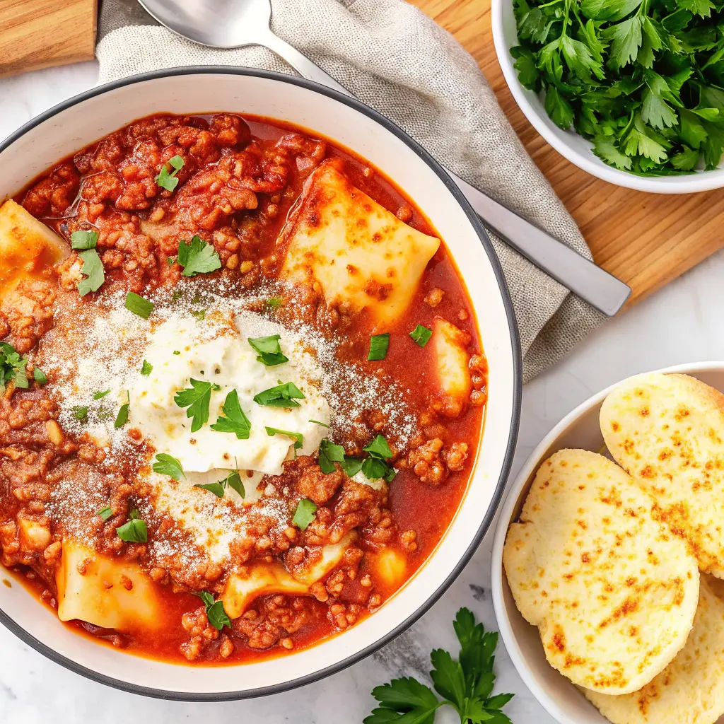 Crockpot lasagna soup in a bowl with a ricotta dollop and fresh basil