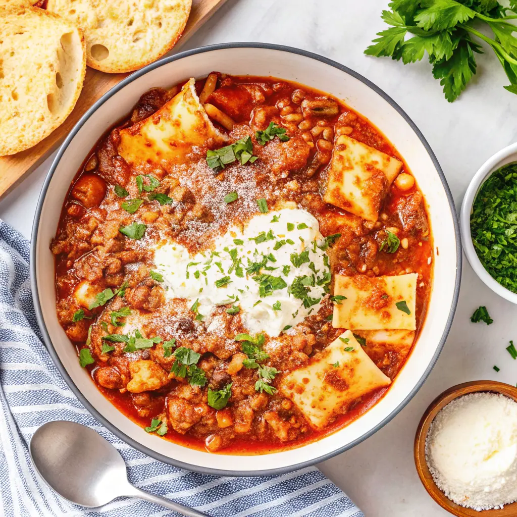 Crockpot lasagna soup in a bowl with a ricotta dollop and fresh basil