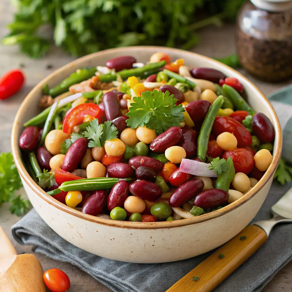 Dense Bean Salad in a bowl with herbs