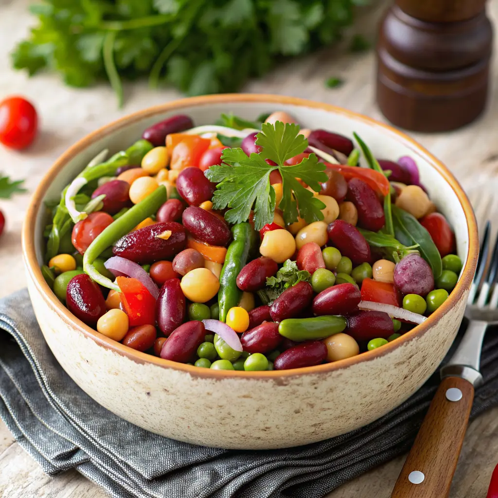 Dense Bean Salad in a bowl with herbs