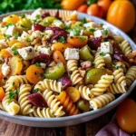 Autumn Harvest Pasta Salad with roasted squash, Brussels sprouts, apples, pomegranate, goat cheese.