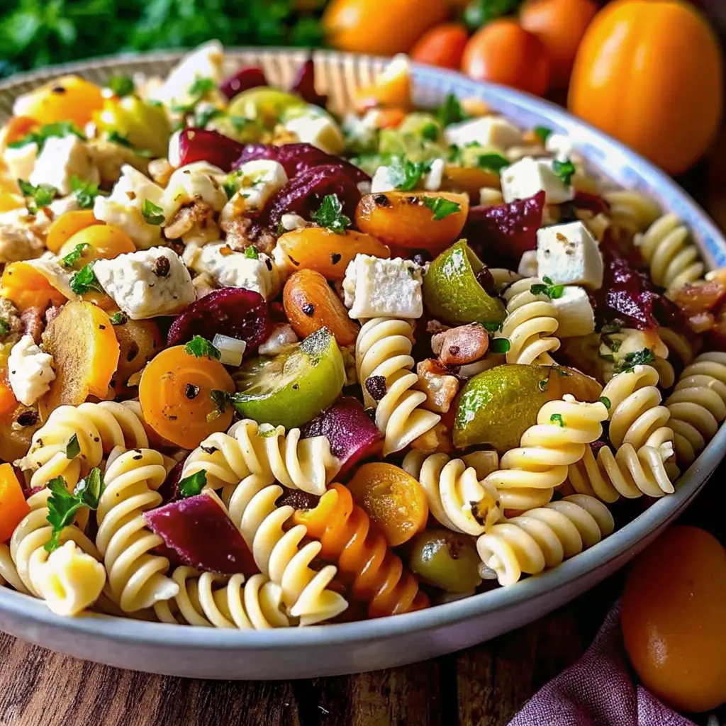 Autumn Harvest Pasta Salad with roasted squash, Brussels sprouts, apples, pomegranate, goat cheese.