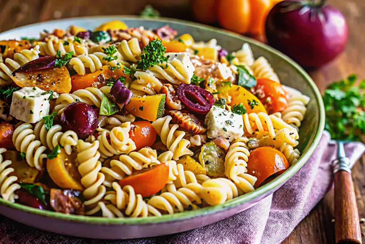 Autumn Harvest Pasta Salad with roasted squash, Brussels sprouts, apples, pomegranate, goat cheese.