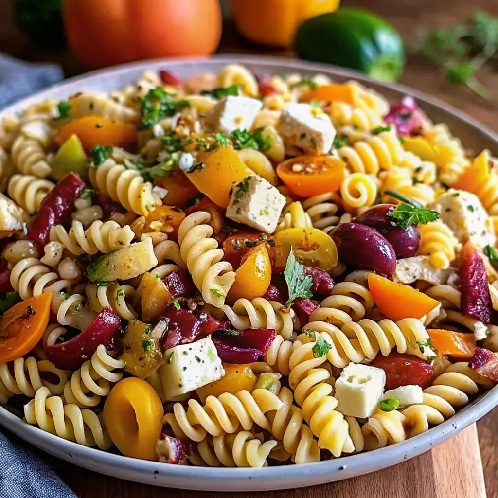 Autumn Harvest Pasta Salad with roasted squash, Brussels sprouts, apples, pomegranate, goat cheese.