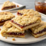 Golden fig jam cookie bars with buttery crumble on parchment.