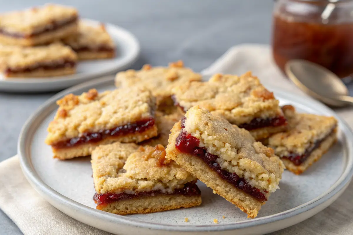 Golden fig jam cookie bars with buttery crumble on parchment.