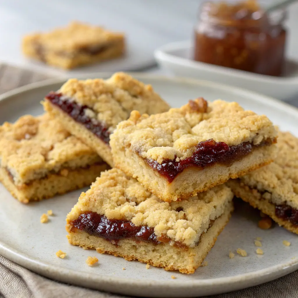 Golden fig jam cookie bars with buttery crumble on parchment.