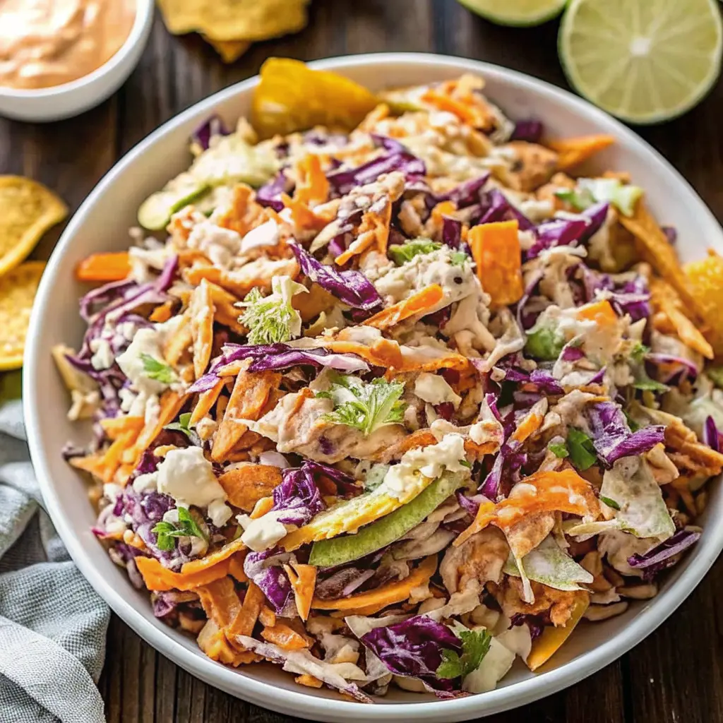 Frito Cowboy Cabbage Salad Recipe in a bowl topped with Fritos, peppers, black beans, and cilantro.