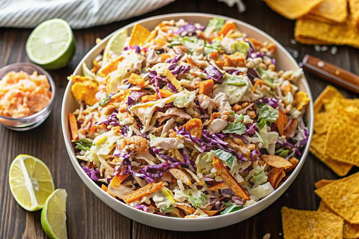 Frito Cowboy Cabbage Salad Recipe in a bowl topped with Fritos, peppers, black beans, and cilantro.