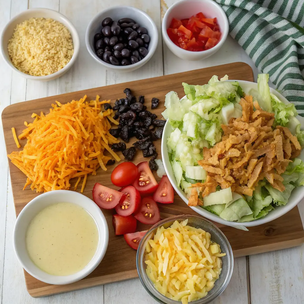 Frito Cowboy Cabbage Salad Recipe in a bowl topped with Fritos, peppers, black beans, and cilantro.