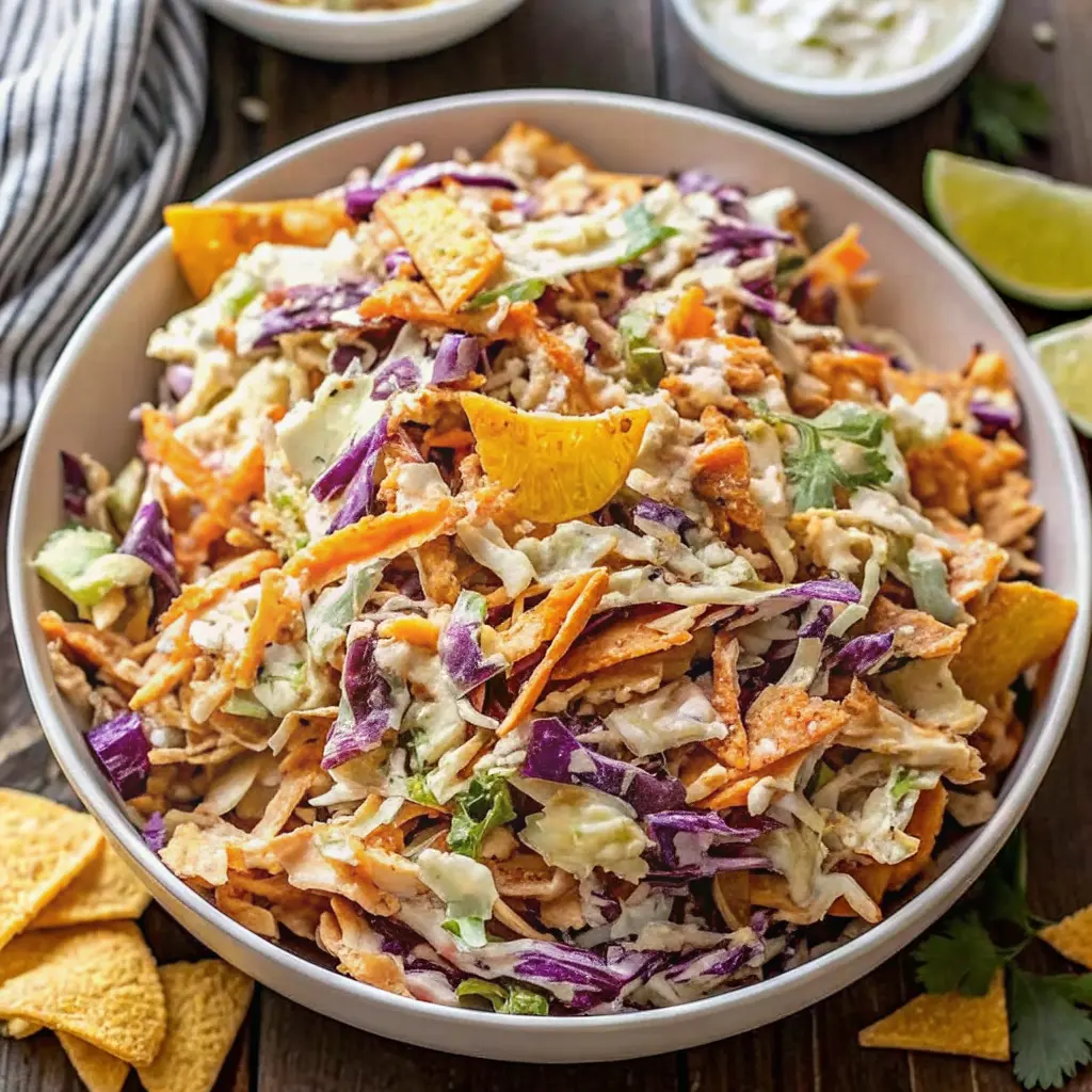 Frito Cowboy Cabbage Salad Recipe in a bowl topped with Fritos, peppers, black beans, and cilantro.