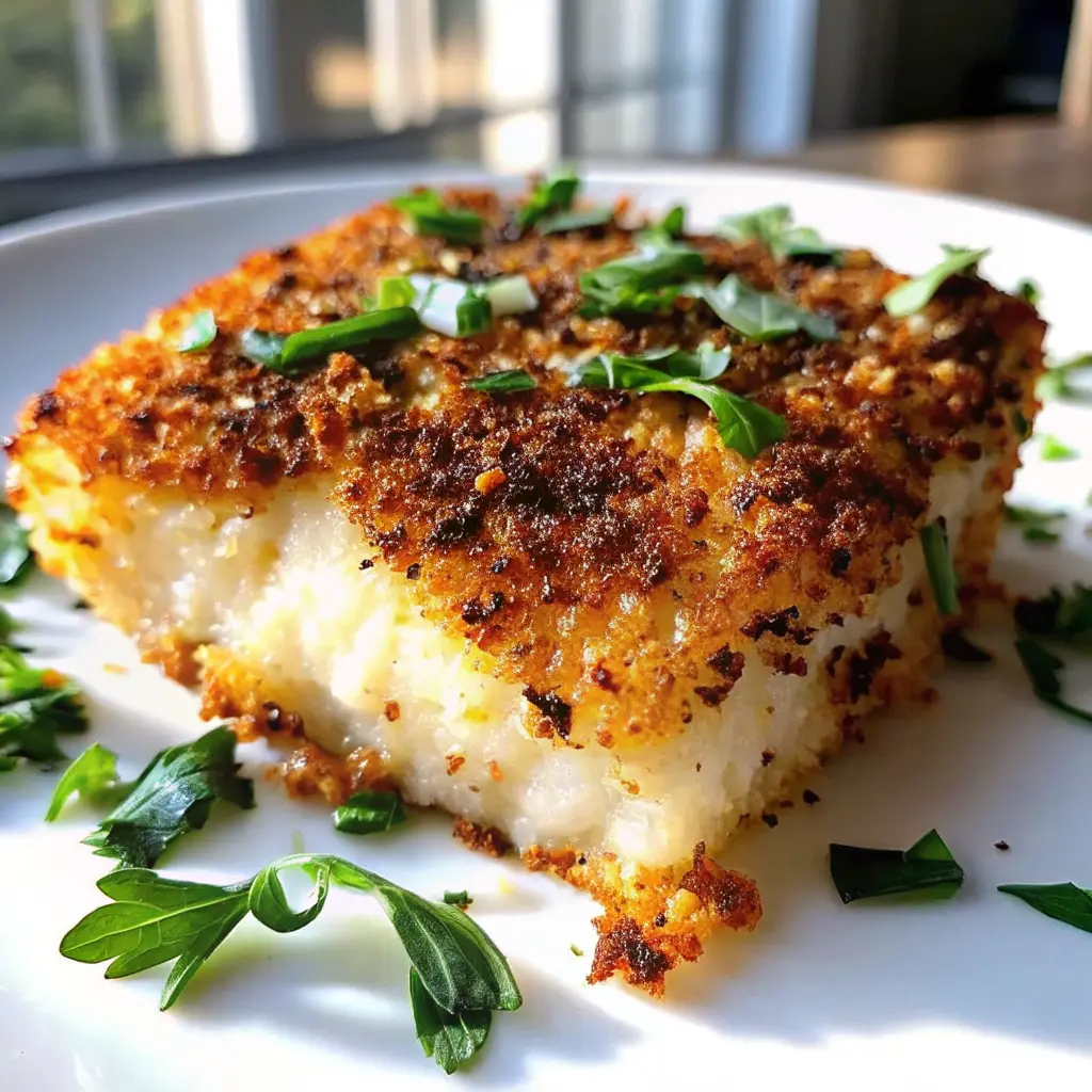 Garlic Parmesan Crusted Halibut with golden panko crust and lemon wedge