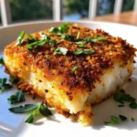 Garlic Parmesan Crusted Halibut with golden panko crust and lemon wedge