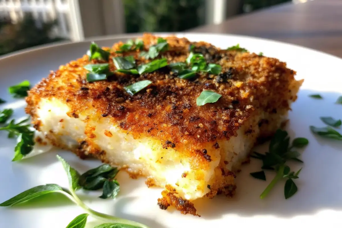 Garlic Parmesan Crusted Halibut with golden panko crust and lemon wedge
