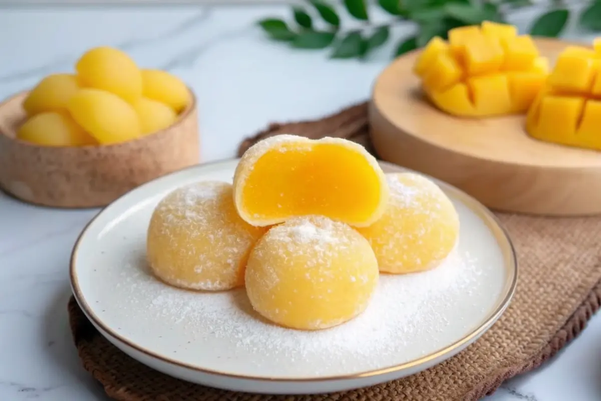 Golden Mango Mochi with glossy chewy skin and mango center