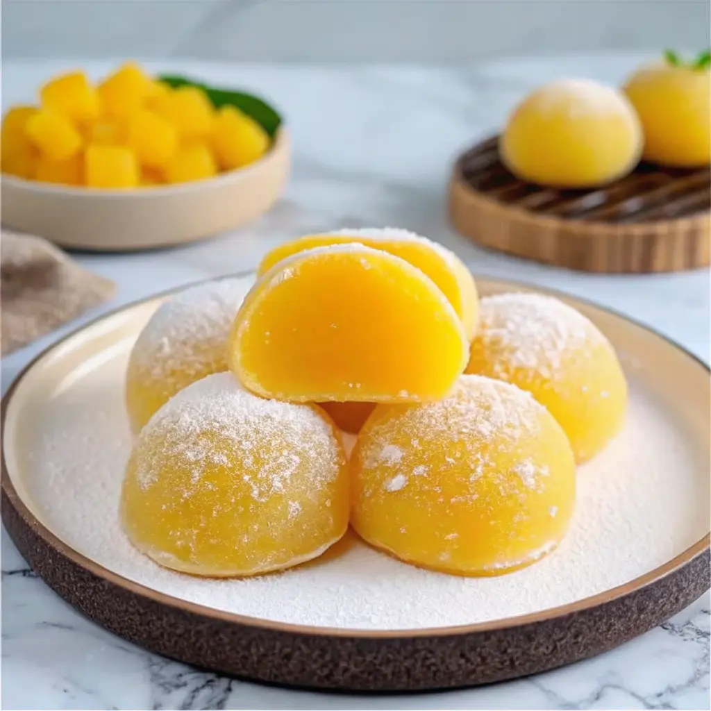 Golden Mango Mochi with glossy chewy skin and mango center