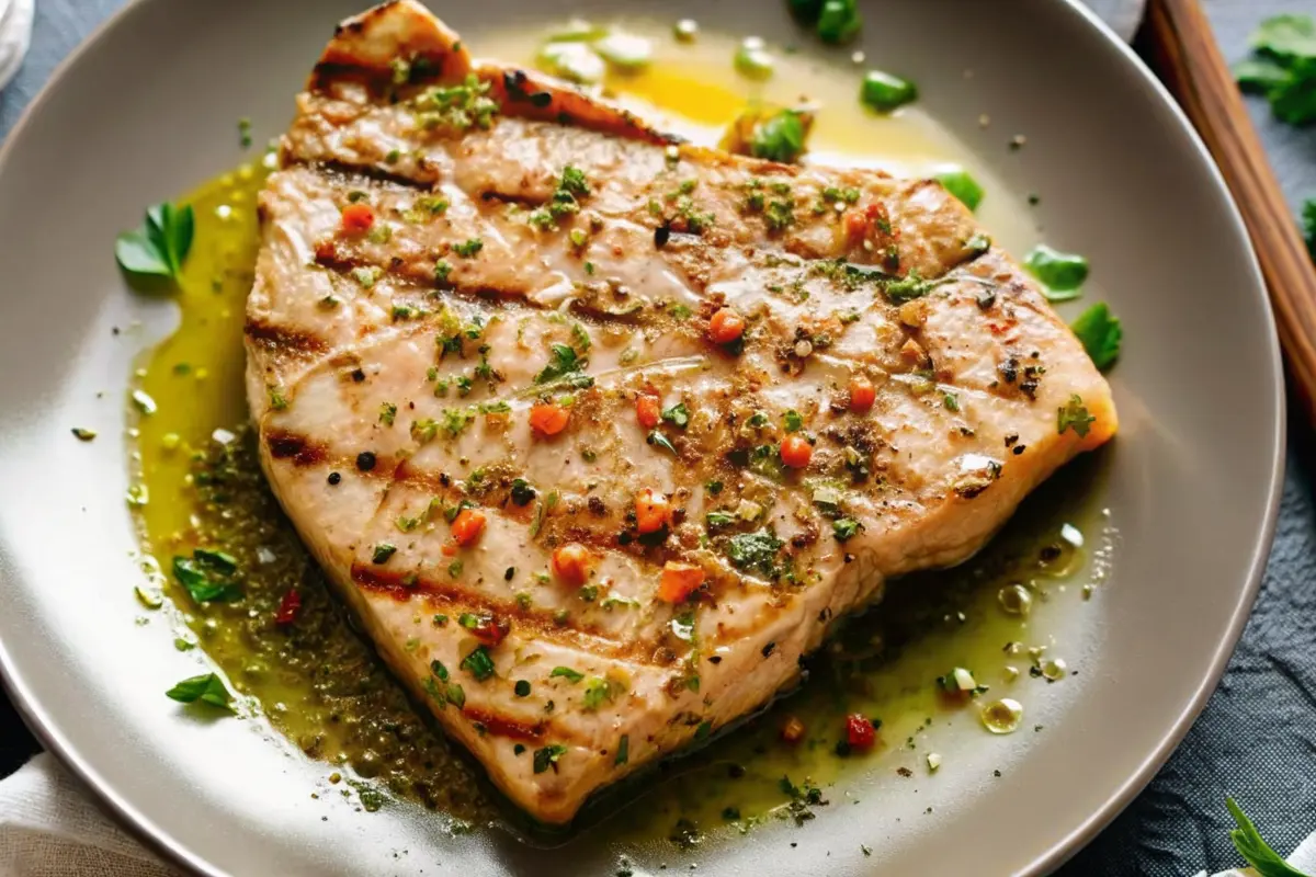 Sliced grilled ahi tuna steak Recipe with sesame crust on a platter