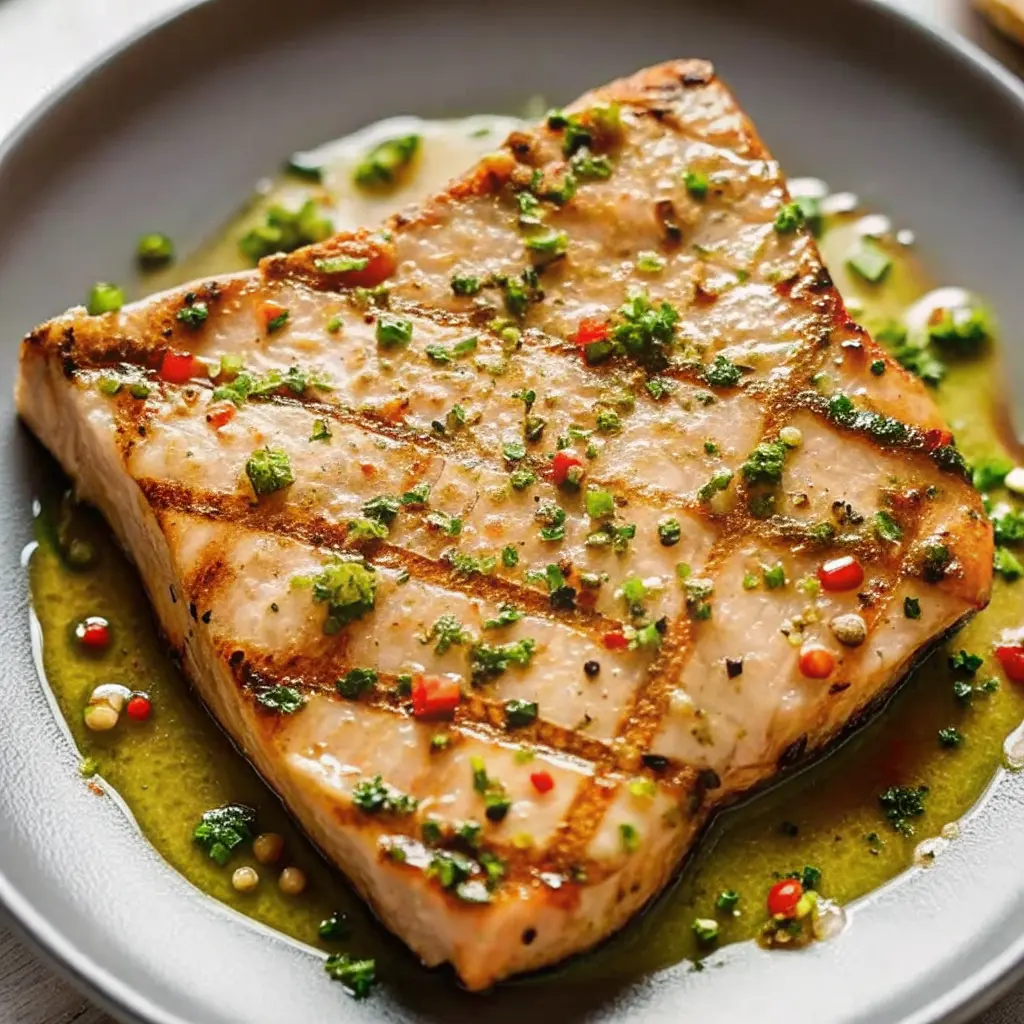 Sliced grilled ahi tuna steak with sesame crust on a platter