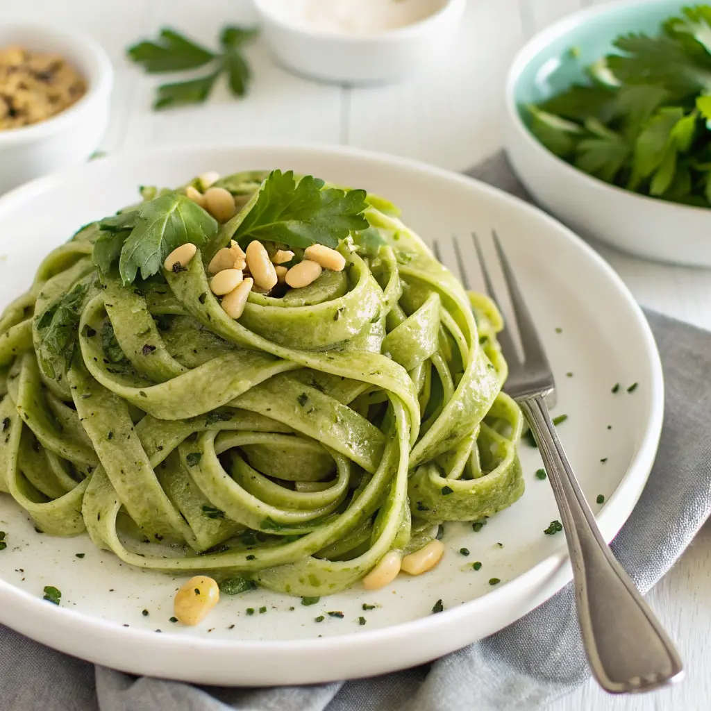 Homemade spinach tagliatelle in vivid green nests