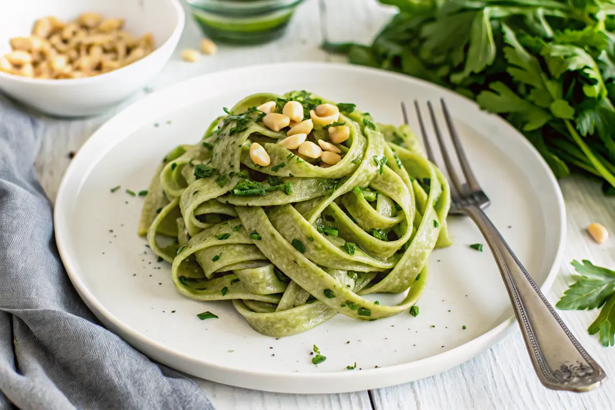 Homemade spinach tagliatelle in vivid green nests