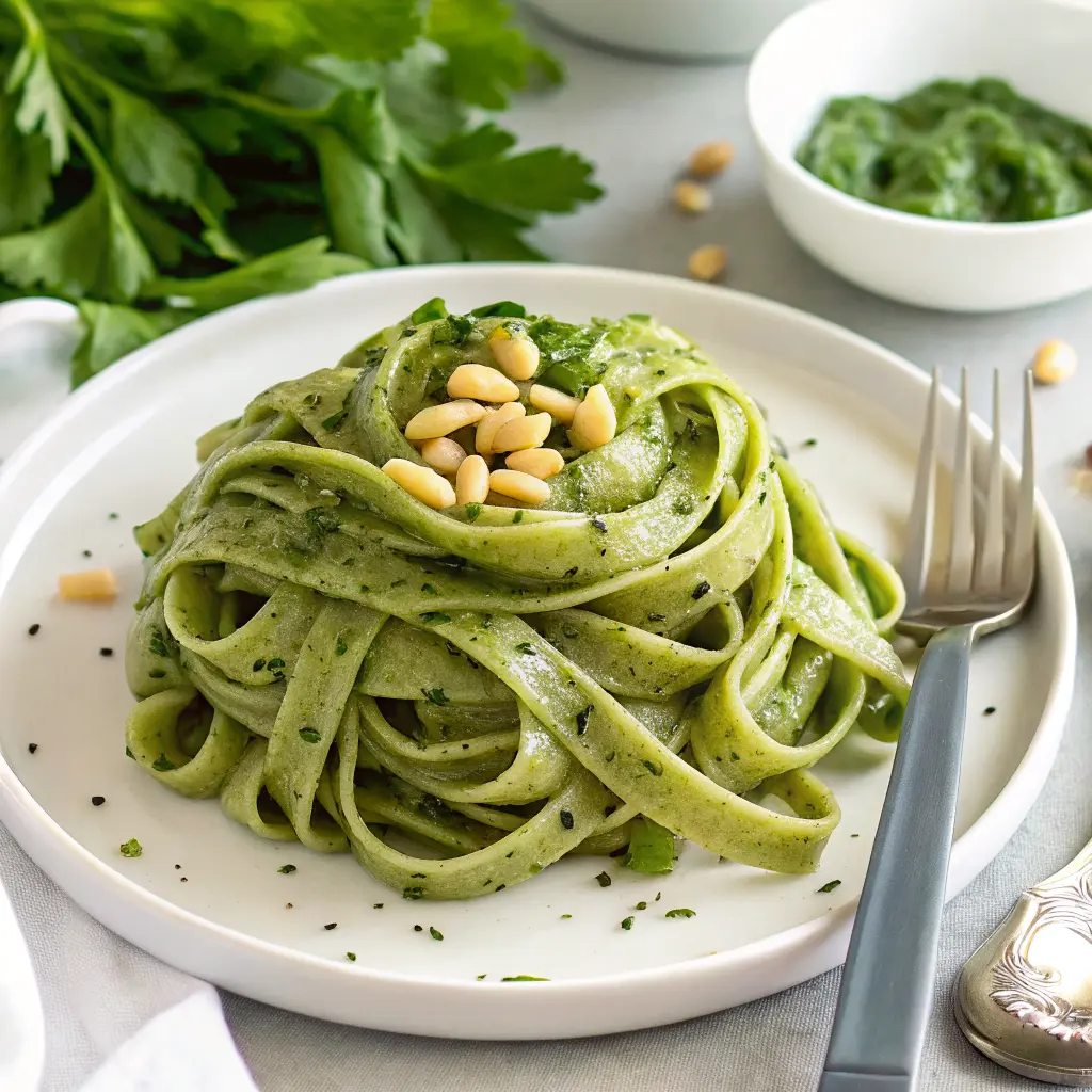 Homemade spinach tagliatelle in vivid green nests