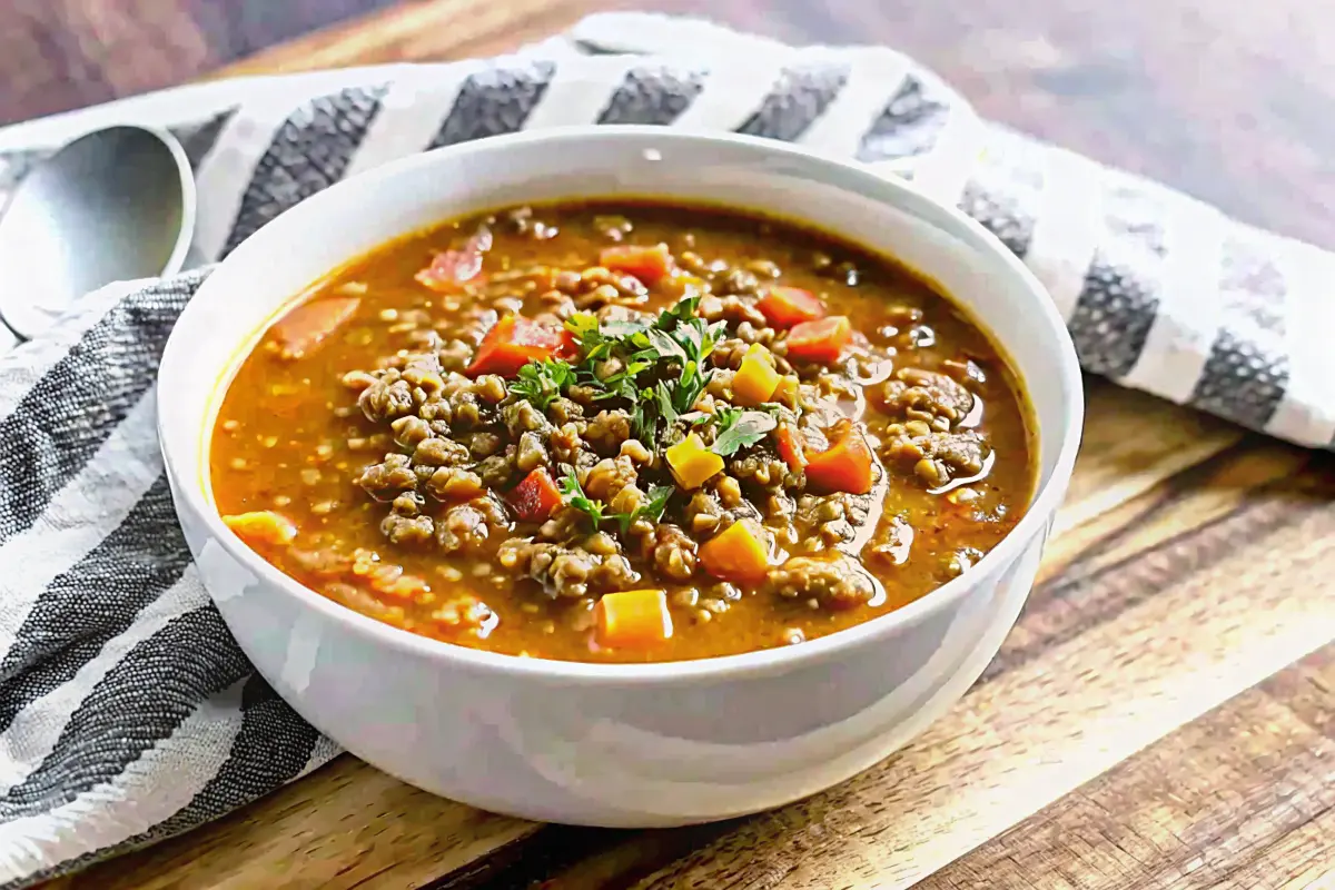 Bowl of Instant Pot stuffed pepper soup with peppers, rice, and parsley