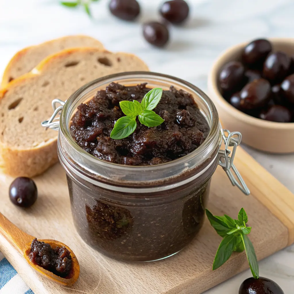 Bowl of Mediterranean olive tapenade with crostini and lemon