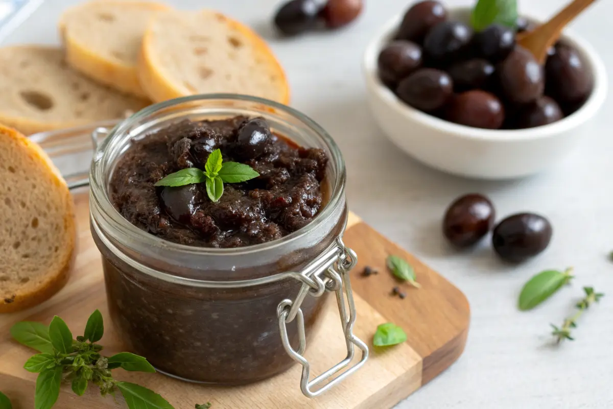 Bowl of Mediterranean olive tapenade with crostini and lemon