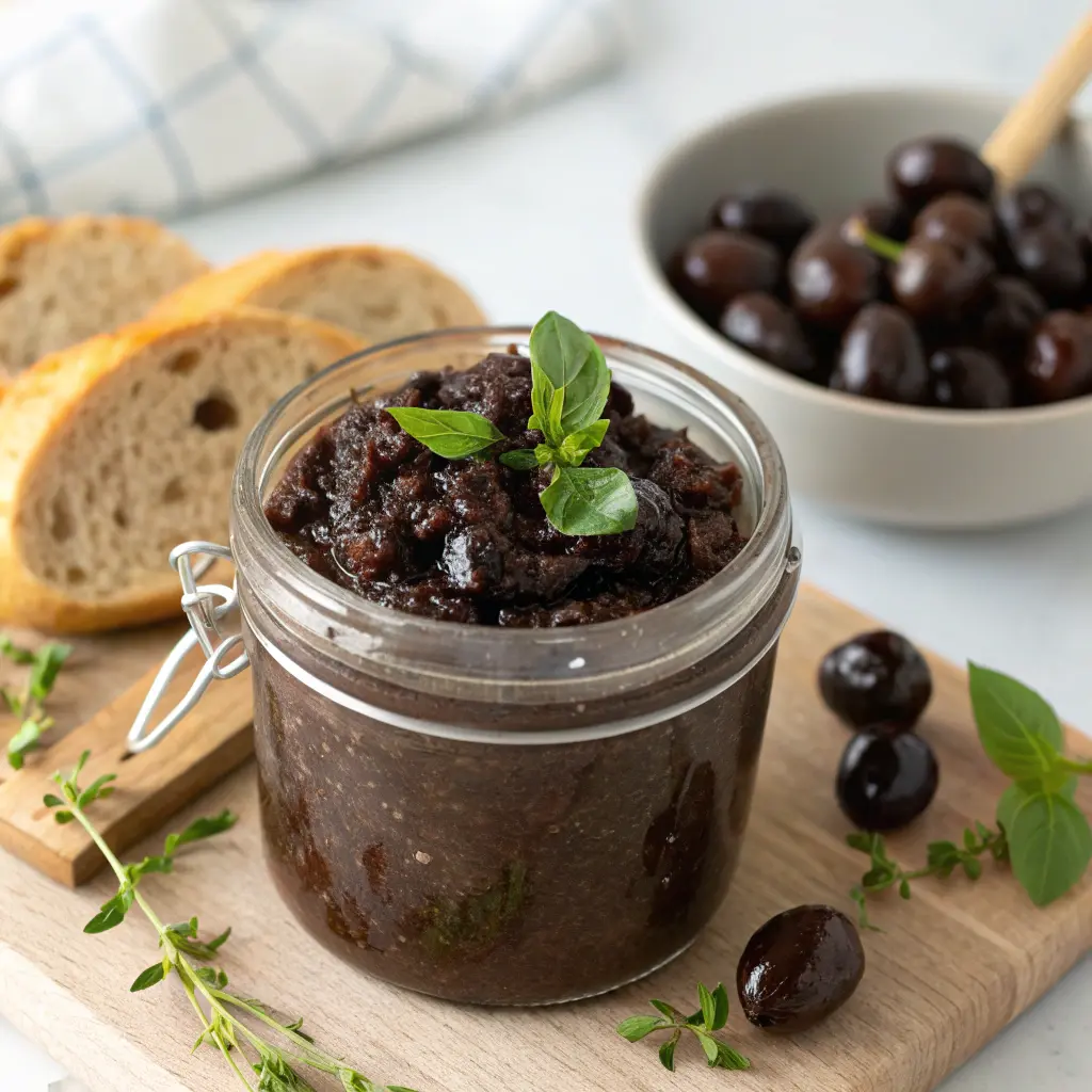 Bowl of Mediterranean olive tapenade with crostini and lemon