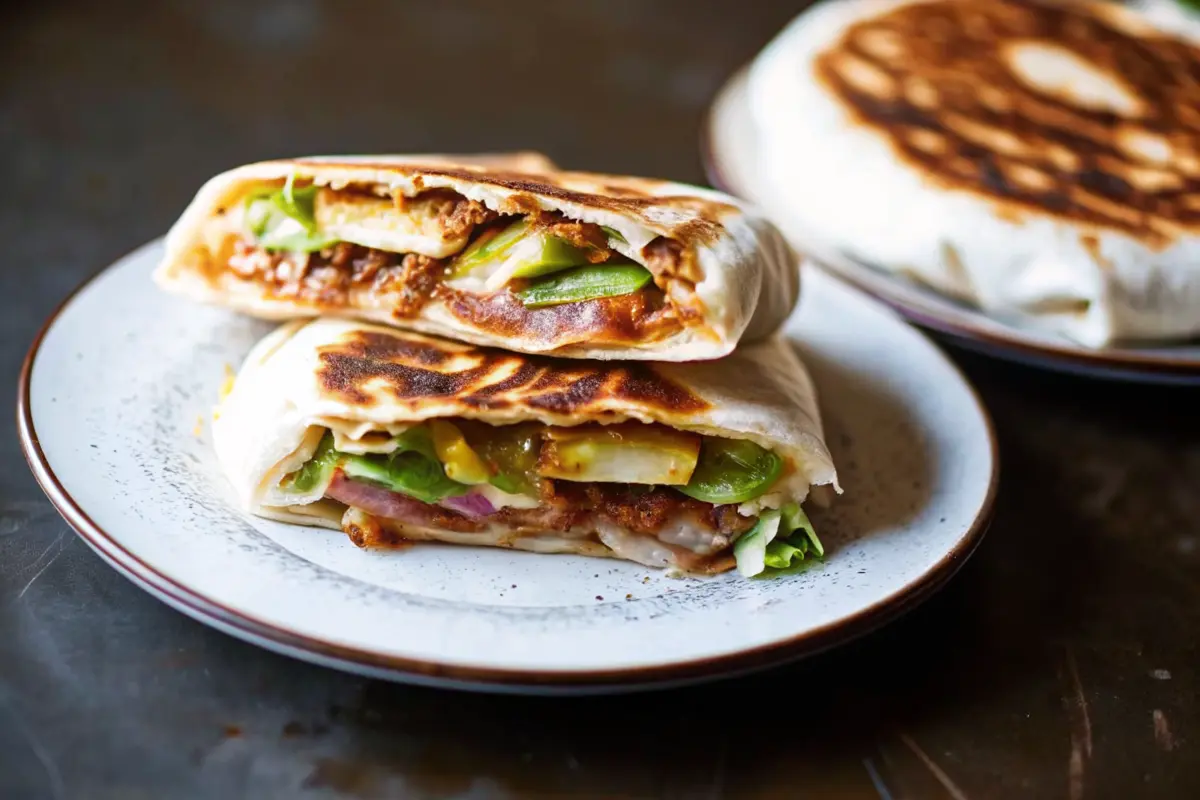 Mini Crunchwrap Supremes on a wooden board with dipping sauces